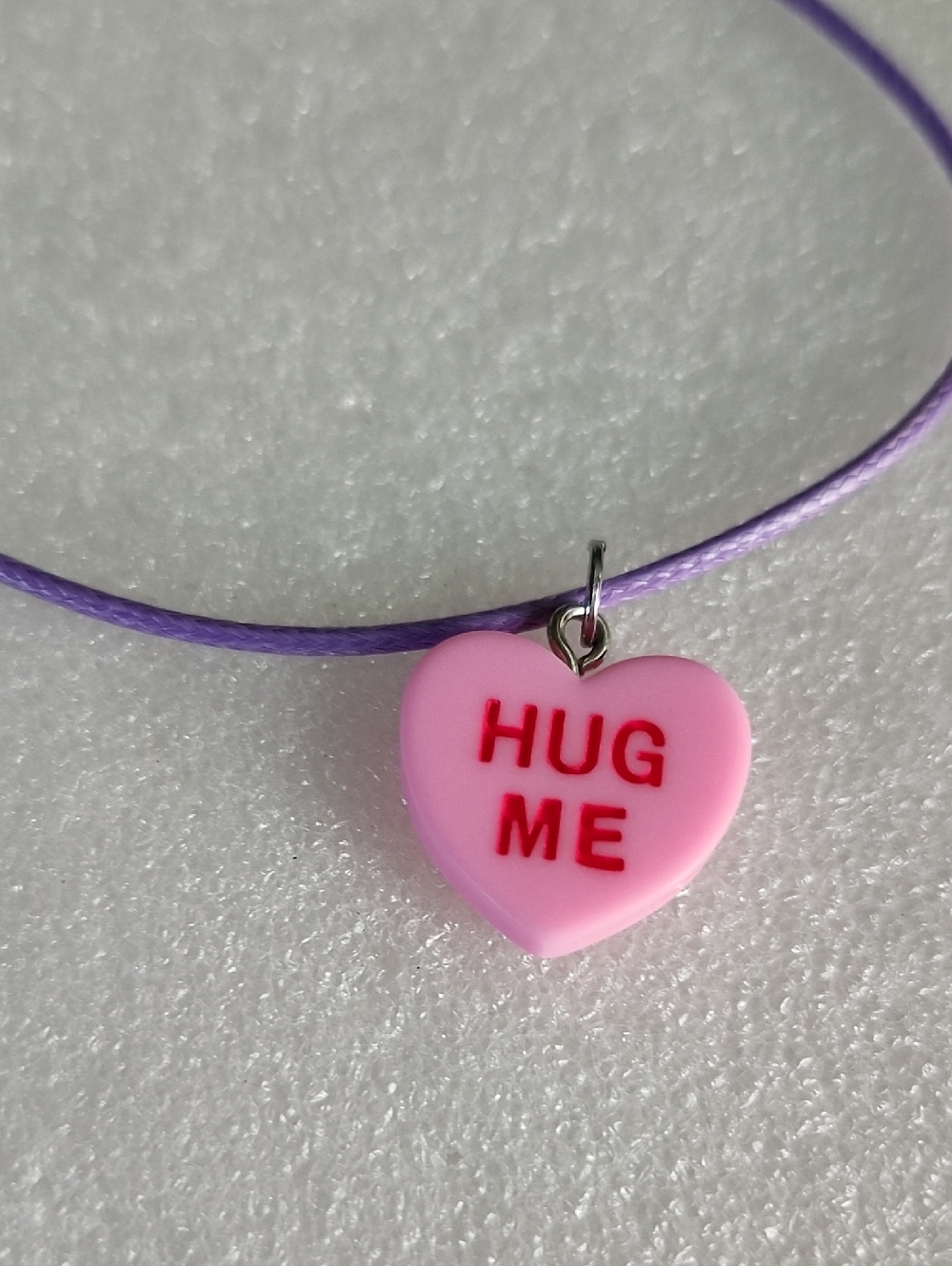 Hand Crafted Pink Heart "HUG ME" Necklace with Purple Cord